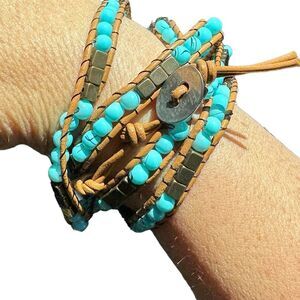 Florence Scovel Blue and Bronze Beaded Wrap Bracelet/Necklace Tan leather cord